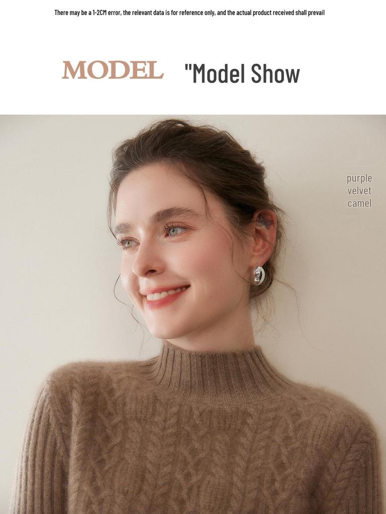 Women's Cable Knit Cashmere Pullover - Thick Half-High Neck Solid Color Sweater for Autumn/Winter