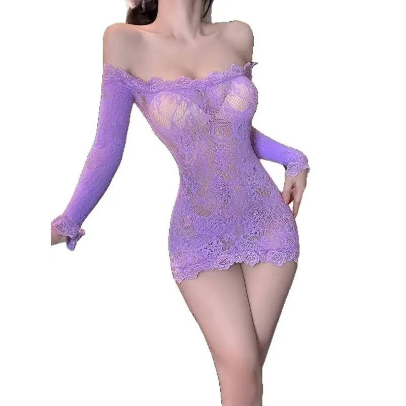Purple Sexy One-Shoulder Lace Nightclub Pure Desire Hot Girl Tube Top Mesh Dress Elegant Sleepwear Mesh Lace Sheer Sexy XHI5