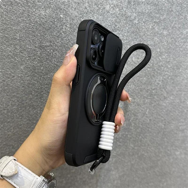 Armor Magnetic Ring Stand Holder Slide Window with Wrist Strap Phone Case for iPhone 16 15 13 12 11 14 Pro Max Plus Bumper Cover