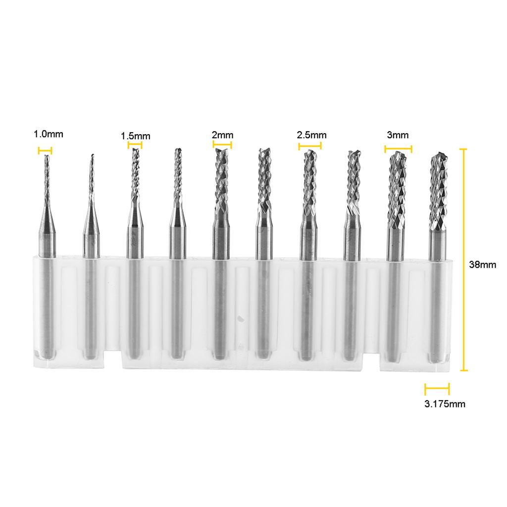 10ks Karbid wolframu Frézy Gravírovací bity Fréza Řezná hrana 1.0,1.5,2.0,2.5,3.0mm