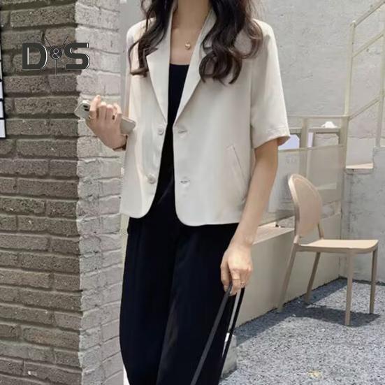 Dámské sako s klopami, krátkým rukávem a volným střihem, s kapsami, jednobarevné, volného střihu, letní business kabát