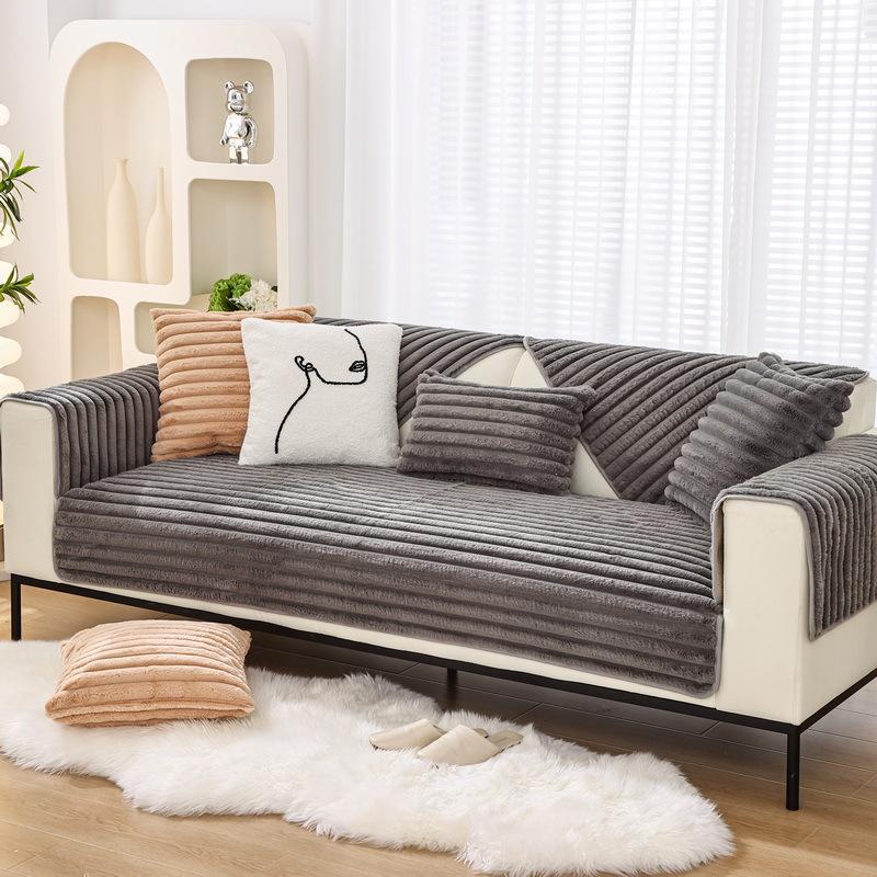 Striped Plush Winter Sofa Cushion Sitting Cushion Winter New Simple Modern Seat Cushion Non-slip Sofa Cover
