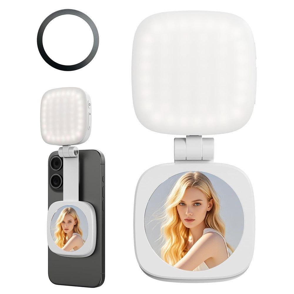 Luz de Preenchimento Magnética Portátil: Espelho dobrável para selfies e maquiagem para transmissões ao vivo e fotografia.