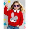 European sizes Girls' Round Neck Sweatshirt, Casual Printed Pullover, Cute Gray Bunny with Bow Tie, Autumn And Winter Warm Fashion Top.