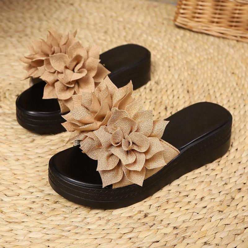 

Fashion Designer Flower Women Heeled Slippers Platform Mid Heels Shoes Summer Elegant Wedges Slides 2025 New Fashion Zapatillas De Mujer 43
