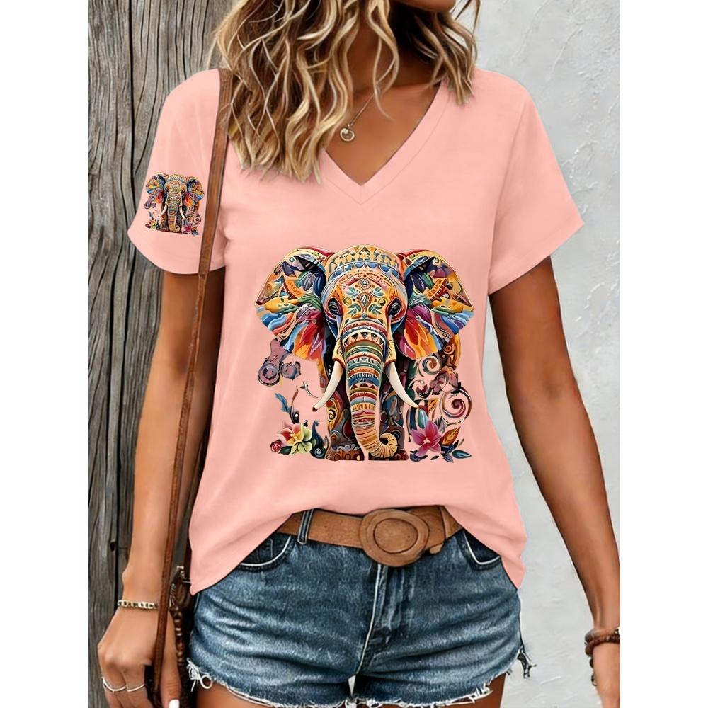 Retro Paisley Texture Animal Elephant Print Women's Summer Elegant Comfortable, Breathable V-Neck Short Sleeved Casual T-Shirt