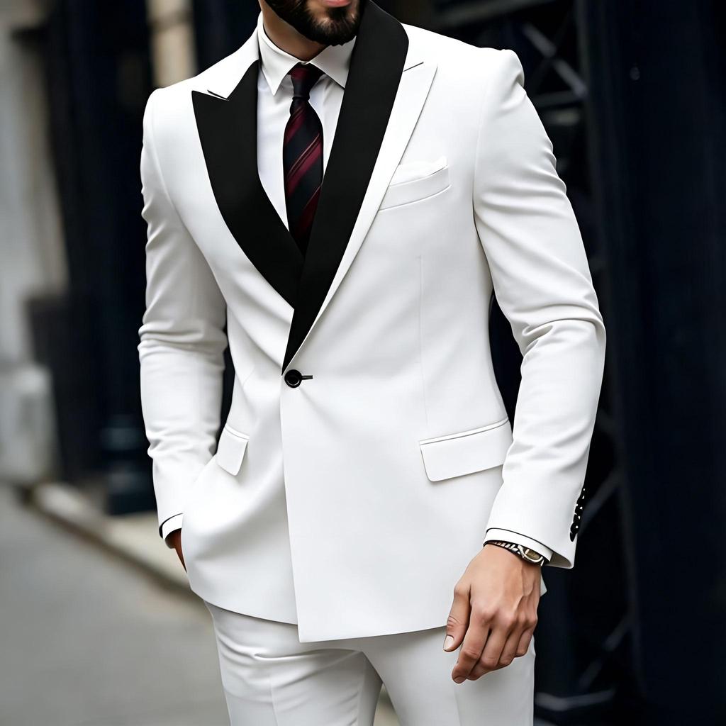 Unqiue Lapel Design Men Suits 2 Pieces Jacket Pants Sets One Button Flat Front Elegant Blazer Wedding Groom Male Clothing