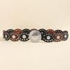 Fashion Bohemian Oval Disc Belt for Adult Western Waistband Ethnic PU Leather Hollowed Buckle Waiststrap for Dresses