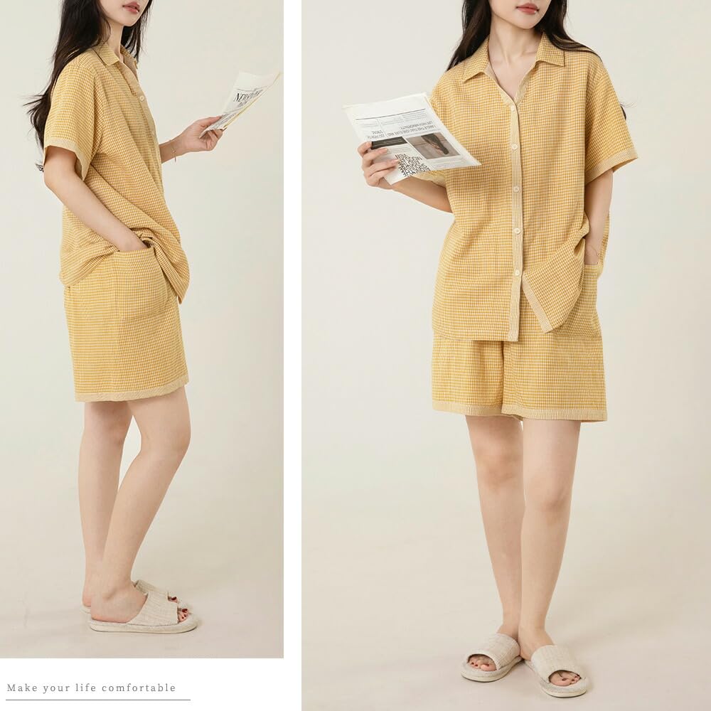 Yes Family Double Gauze Pajama Short Front Check Size Yellow Women's Set, 100% Cotton, Sleeves, Opening, Pattern, XL,