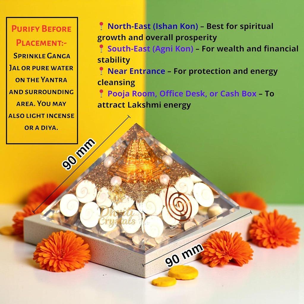 4 Inch Maha Laxmi Orgonite Pyramid with Shree Yantra, Rudraksha, Gomti Chakra & Pyrite | Vastu Dosh Nivaran