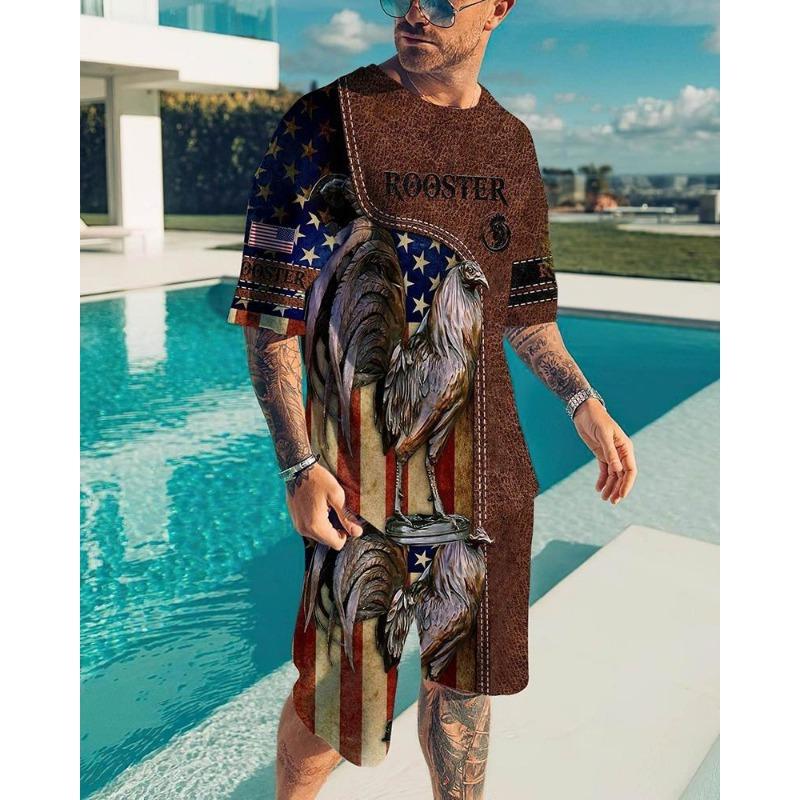 Costum de vară casual la modă pentru bărbați, cu imprimeu 3D cu animale, îmbrăcăminte sport cu mânecă scurtă, supradimensionat, cu gât rotund, șorturi, set de 2 piese