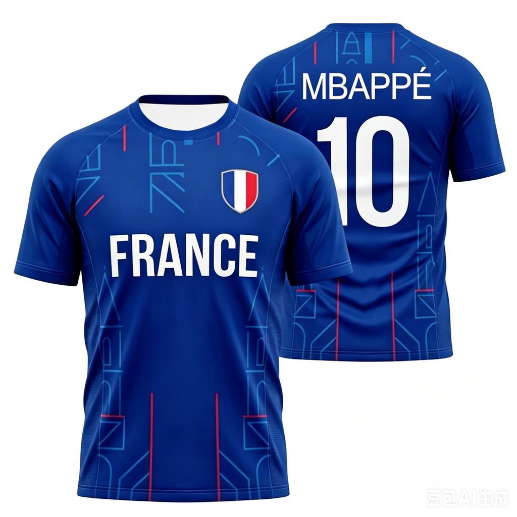Mbappe 10 Soccer Jersey Subtle Hexagonal Jacquard Pattern Gold Lettering French Shield Crest Crew Neck Dual-sided Print