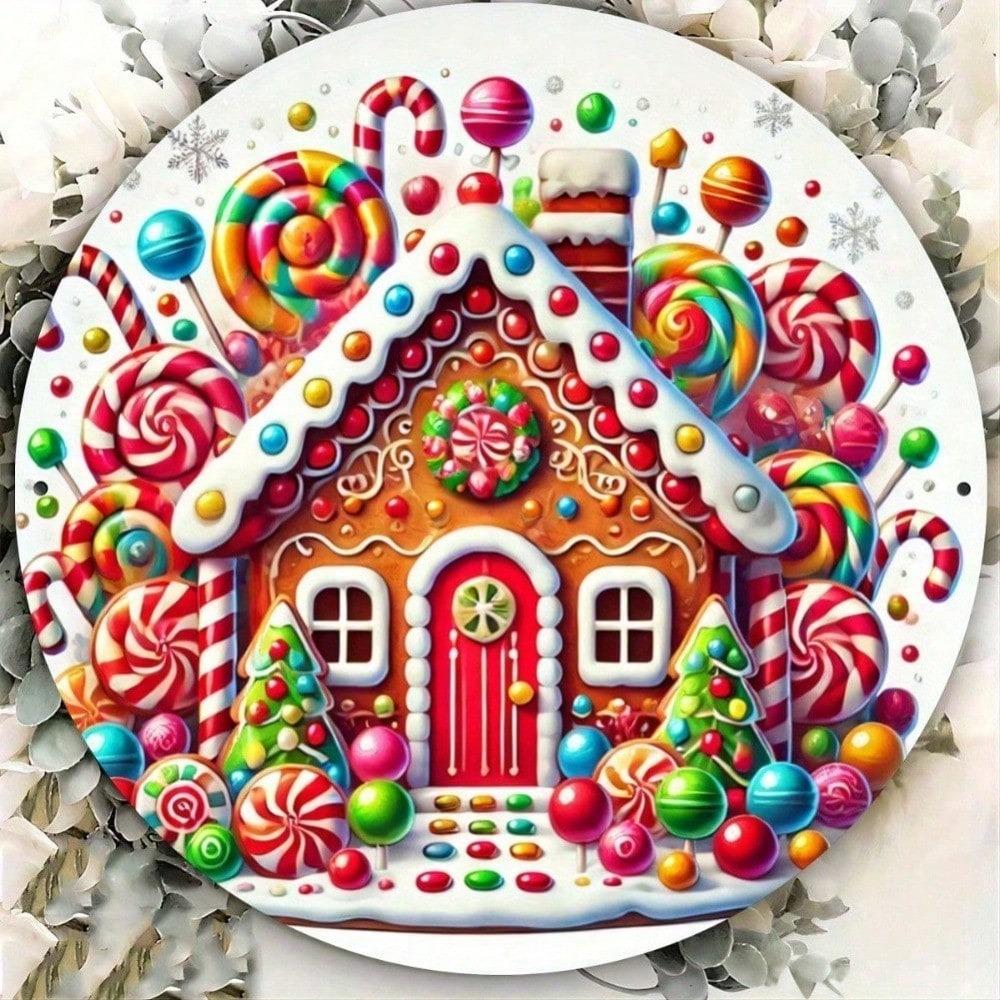 1pc Christmas Gingerbread House Metal Sign, Holiday Round Tin Plate Wall Art, Vintage Candy Decor for Home Bar Cafe