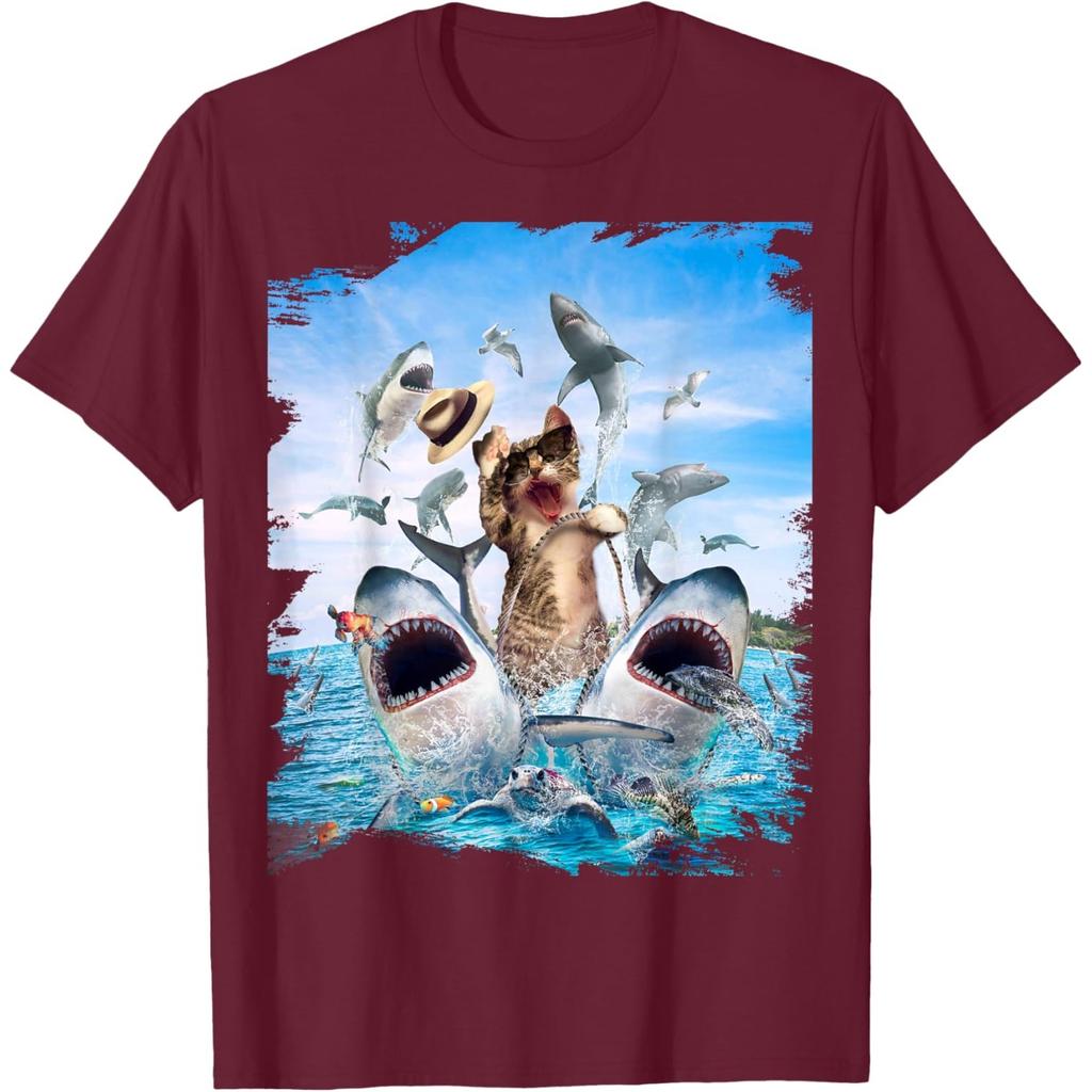 Funny Cat Riding Shark Beach Ocean Graphic Mens Casual Round Neck Tshirt