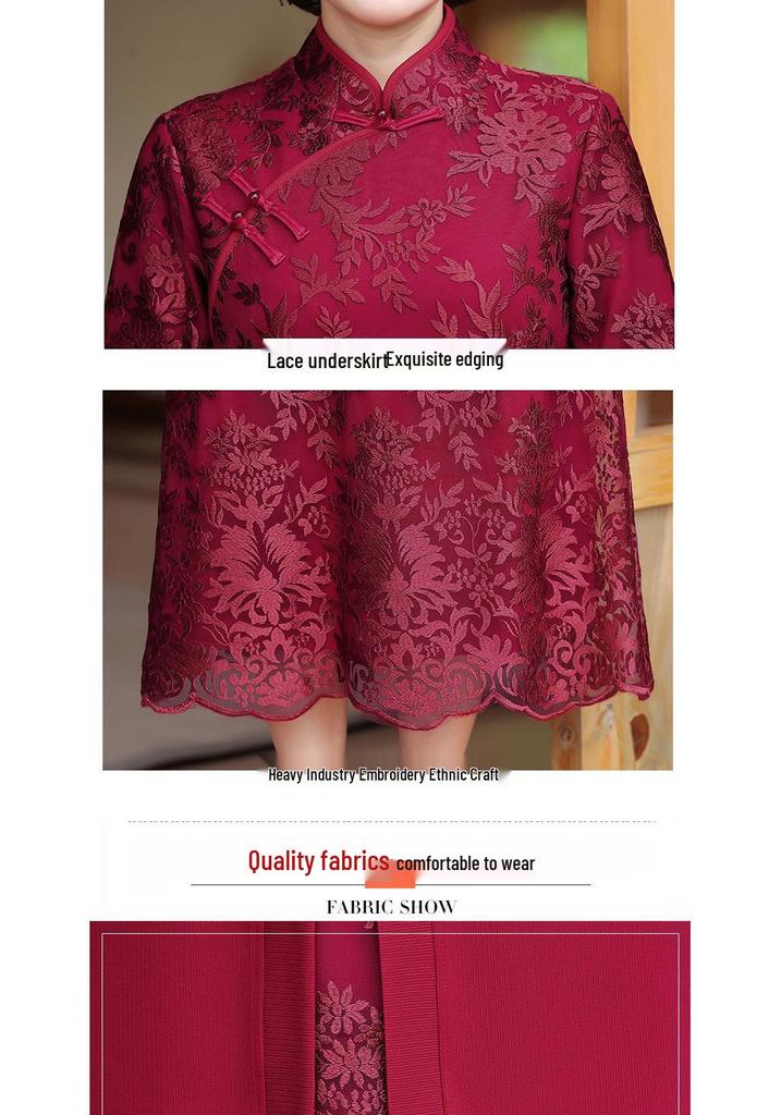 Elegant Midi-Length Two-Piece Cheongsam Dress for Mothers-in-Law - Spring/Autumn Style