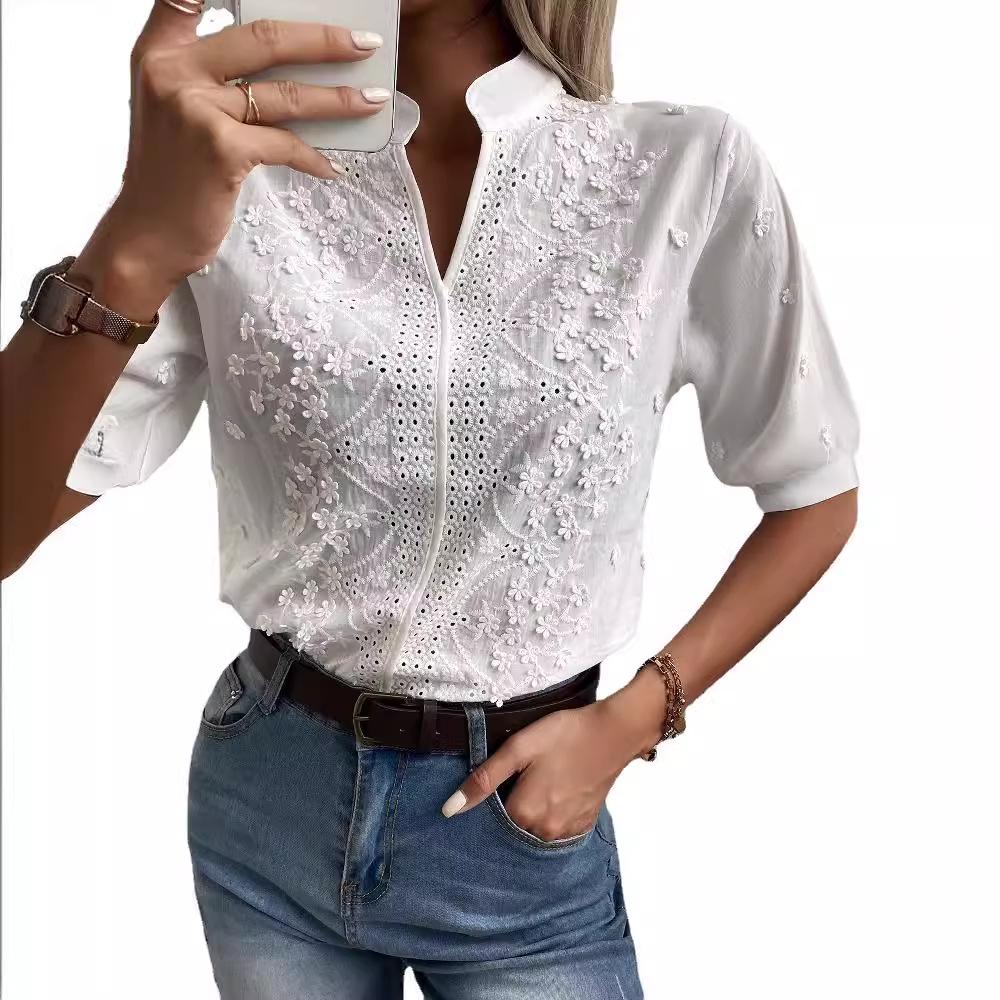 2025 Summer Women's V-neck Stand Collar Embroidered Lace Top