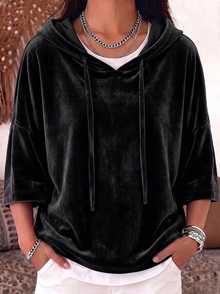 Women's Velvet Sweater Autumn and Winter European and American Women's Clothing New Hoodie Solid Color Drawstring Seven-quarter Sleeve Pullover Top