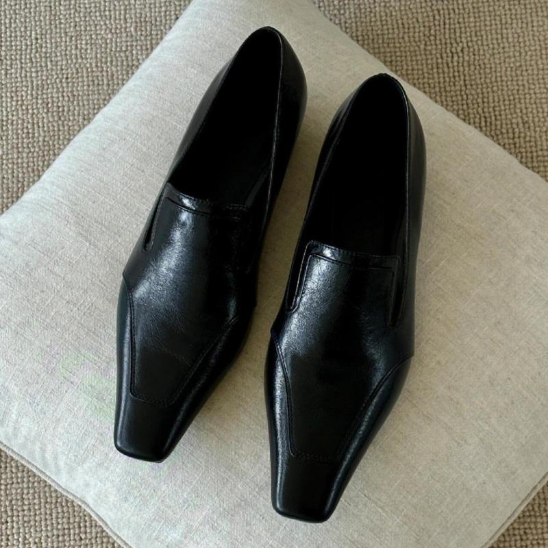 Sheepskin~ Genuine Leather Square Head Wedge Heel Female Lazy Person One-pedal Women's Shoes Retro Small Leather Shoes