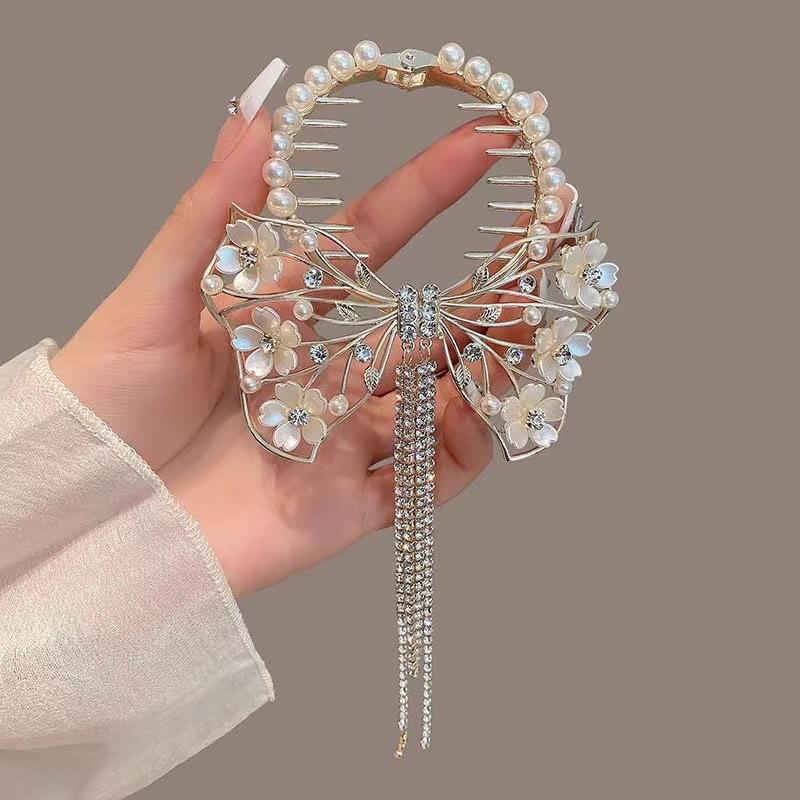 1pc zinc alloy rhinestone imitation pearl hair ornament, high-end elegant tassel headpiece, delicate ball hair clip, suitable fo