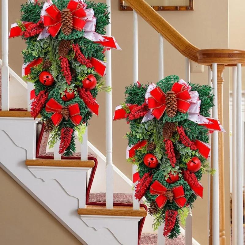 Christmas Decoration Webbing Bells Upside Down Tree Wreath Door Hanging Christmas Bow Pinecone Rattan Hanging Decoration