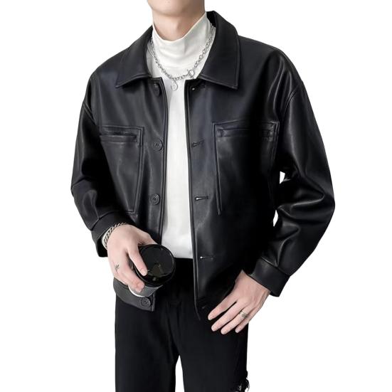 Men Jacket Lapel Long Sleeve Flap Pockets Single-Breasted Jacket Coat Solid Color Loose Fit Waterproof Warm Imitation Leather Jacket