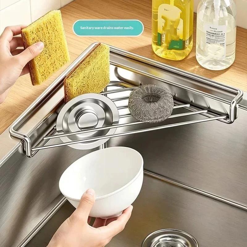 Dreieckiges Spülbecken-Abtropfgestell Edelstahl Spülbecken-Caddy Organizer Abflussbar Große Kapazität Multifunktionaler Küchenspülbecken-Organizer