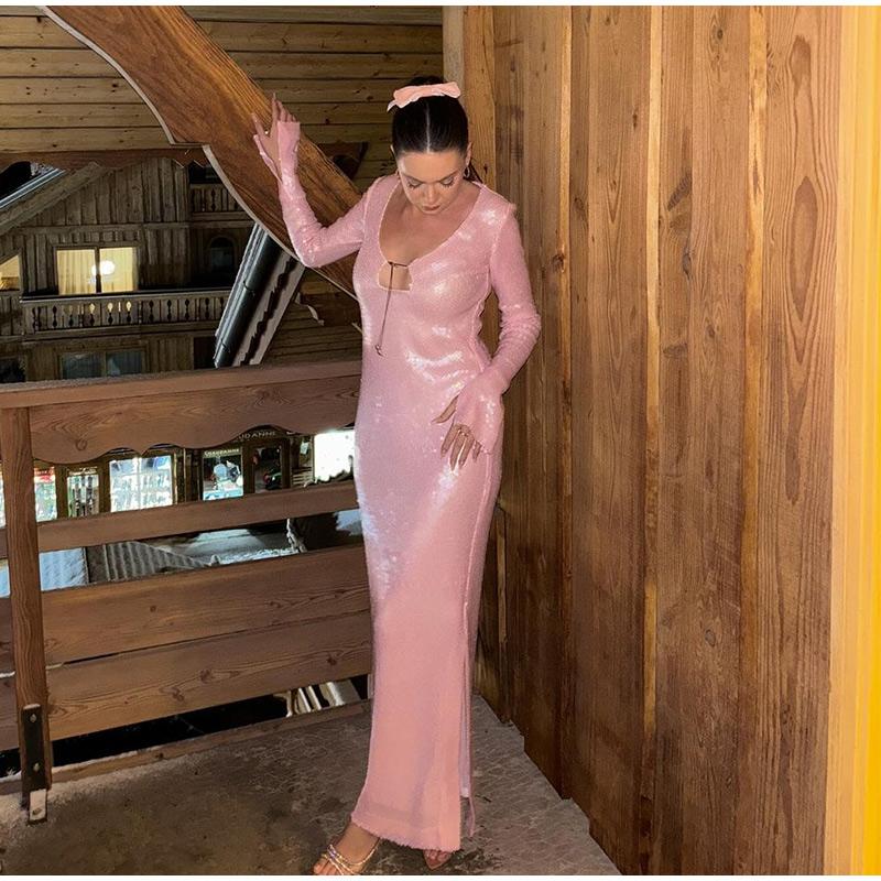 Дамское женское сексуальное длинное сетчатое платье с пайетками и разрезом по талии — фото 7