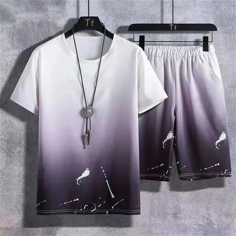 Sommer-Sportbekleidung für Herren, mit Farbverlauf bedruckt, Badminton-Set, Outdoor-Lauf-T-Shirt und Shorts, bequeme und atmungsaktive Kleidung