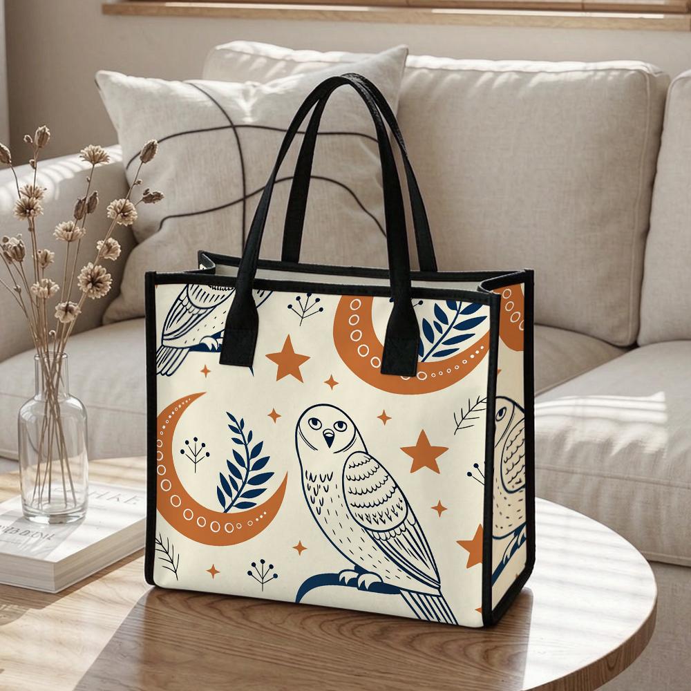 Boho Owl Print Canvas Tote Bag Casual Large Capacity Daily Shopping Handbag