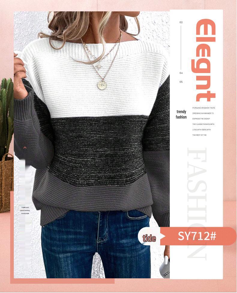 2026 Women's Color Block Patchwork Knit Sweater - Autumn/Winter Round Neck Long Sleeve Pullover Top