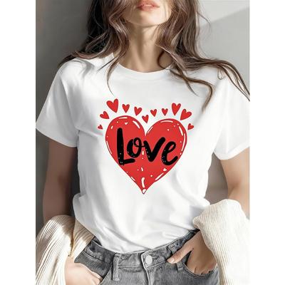 Europäische Größe Damen Weißes Kurzarm-T-Shirt mit rotem Herz-Liebes-Aufdruck | Lässige Alltagsmode, Valentinstags-Grafik-T-Shirt