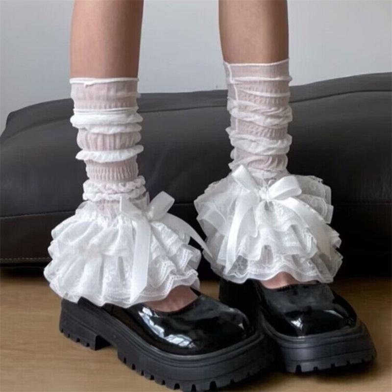 Women Lace Leg Warmers Cute Bows Layered Ruffle Boot Cover Cuffs Lolita Gothic  Aesthetic Clothing Accessories