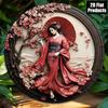 Japanese Kimono Metal Wall Art Round Sign Red Cherry Blossoms Elegant Home Decor