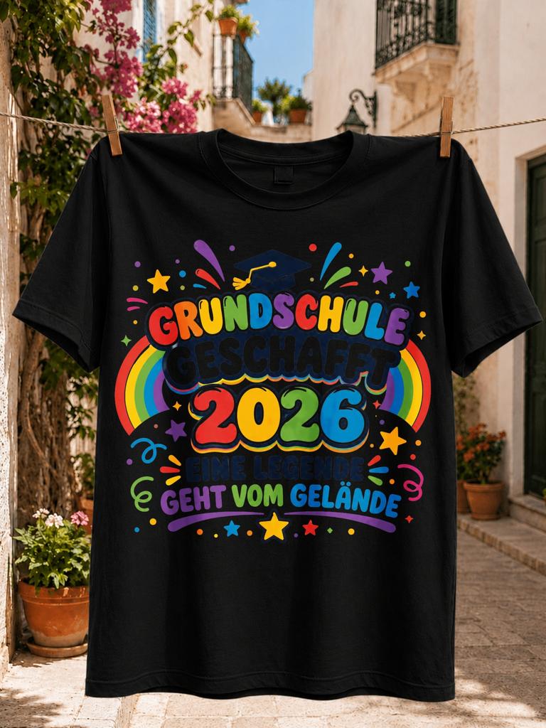 Grundschule Geschafft 2026 Featuring A Graduation Mortarboard Stars Confetti And Eine Legende Geht Unisex All Tshirt