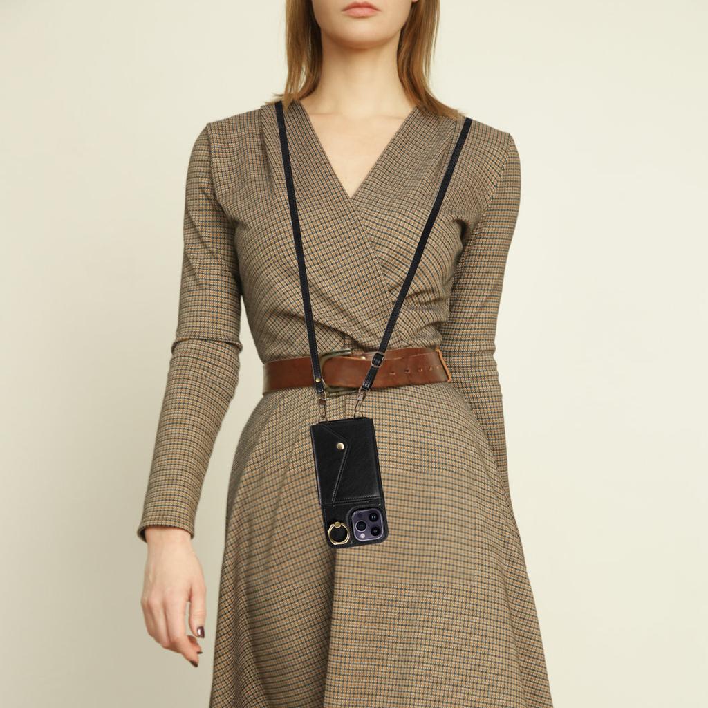 For iPhone 14 Series.for iPhone 14,14 Plus,14 Pro,14 Pro Max Shoulder Strap Rope Ring Bracket Design Card Holder Slots Lichee Pattern Cover Phone Case