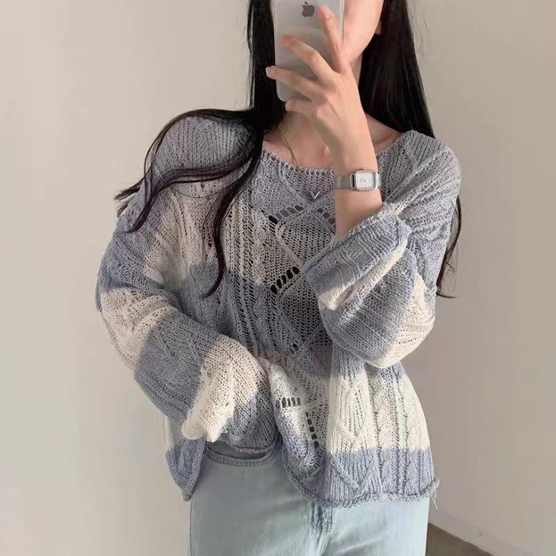 New Casual Twist Long Sleeved Striped Sunscreen Knitted Sweater Korean Style Women Retro Top Thin Hollow Out Loose Blouse O Neck Simple Clothing