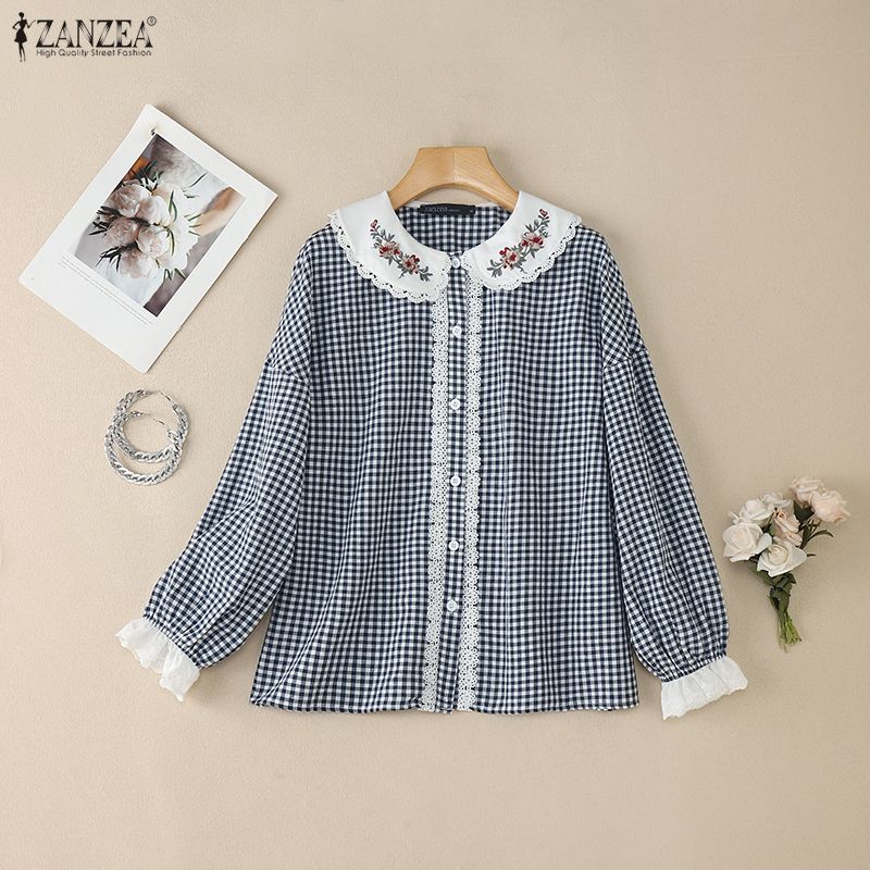 ZANZEA Women Floral Splice Doll Collar Casual Long Sleeve Plaid Print Blouse