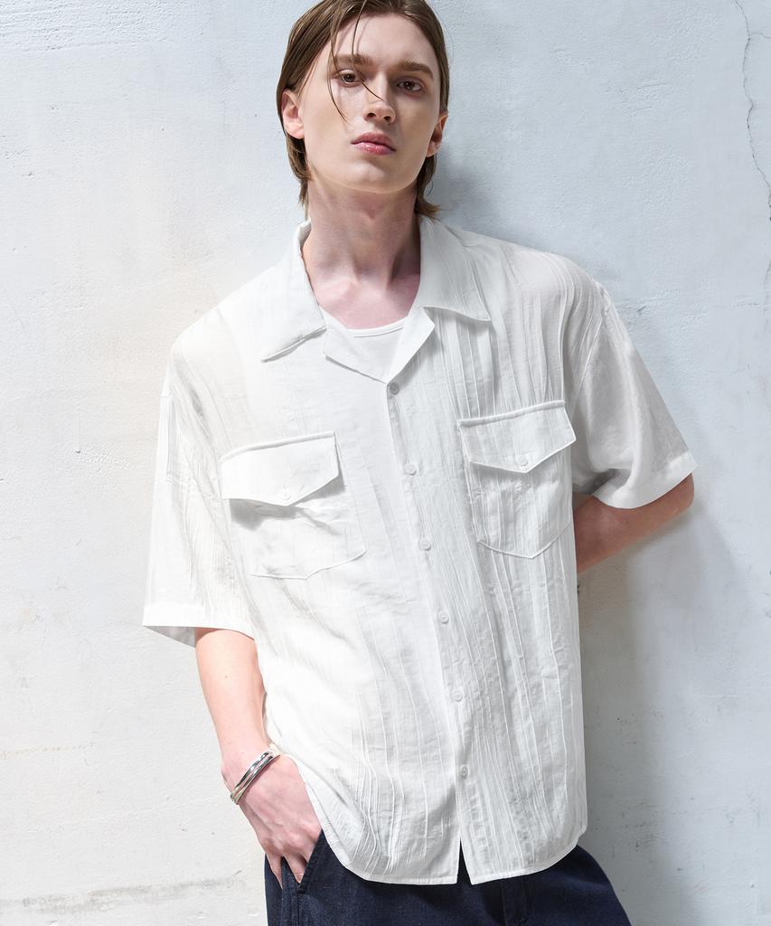 DRAW FIT Sheer Texture Open Collar Half Shirt [White]