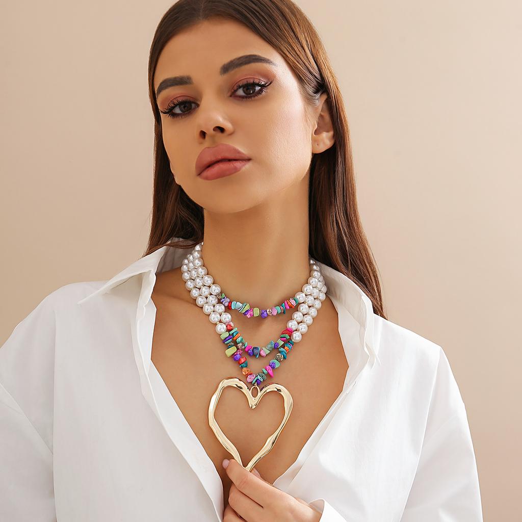 Ingemark Elegant Big Love Heart Pendant Choker Necklace for Women Multilayer Imitation Pearl Chain Grunge Jewelry Steampunk Gift