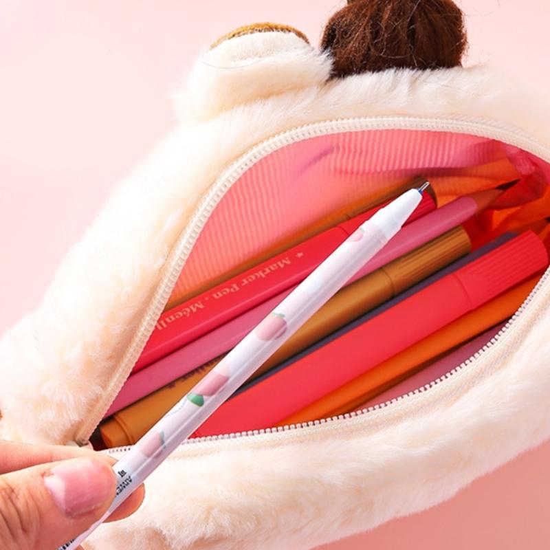Cartoon Plush Pen Bag Big Capacity Pencil Case, Plush Stationeries Bag Pen Case Zippered Pen Bag Gift for Student Kid