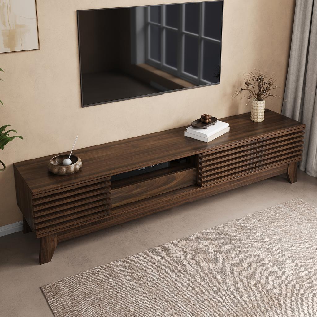TV Lowboard TV Cabinet Multimedia Cabinet with 3 Doors, Drawer and Open Compartments, Grooved Front, MDF, Modern TV Furniture for Living Room