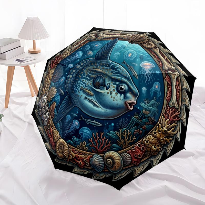 Oceanic Marine Life Emblem Pattern Umbrella, Portable and Foldable Design, 8 Ribs, a Casual Accessory for Halloween, Christmas, and Birthday Gifts.