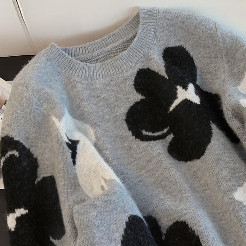 Women's Color-Block Floral Jacquard Round Neck Sweater