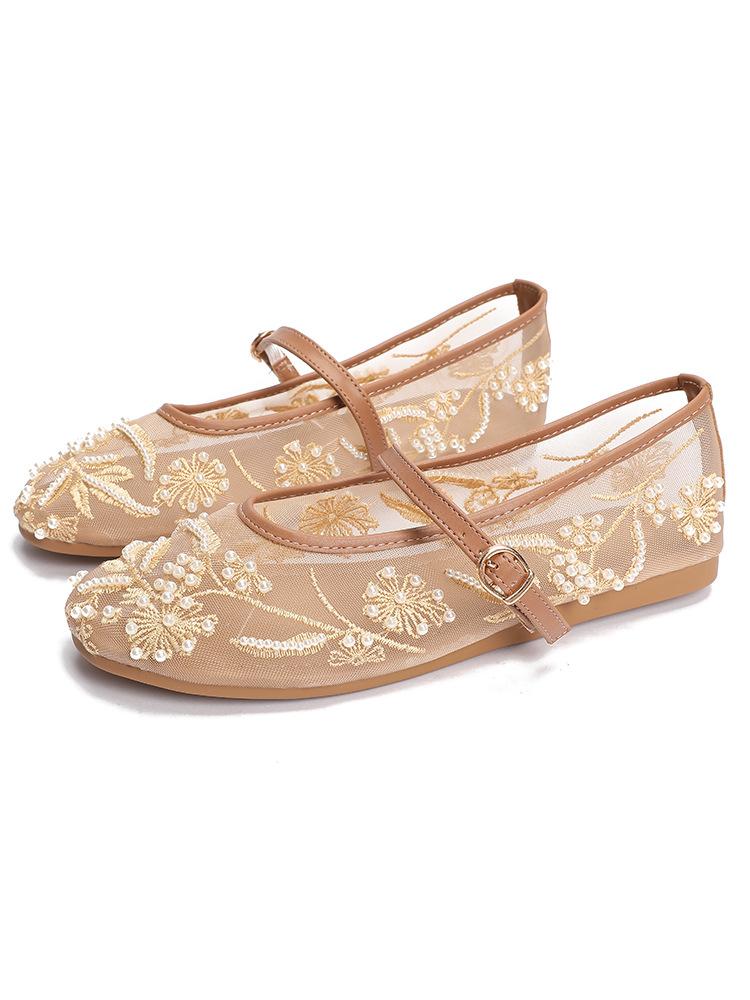 

Single Shoes Sweet Fairy Mesh Embroidery Pearl Flowers Ballet Flat One Word Mary Jane Shoes 41 абрикосовий