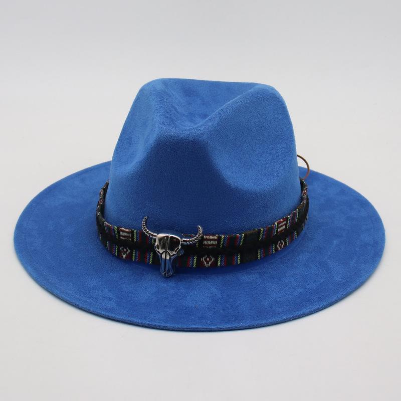 Wind Western Cowboy Hat Horn Woolen Jazz Top Hat Men And Women'S Ethnic Style Felt Hat Big Eaves Hat