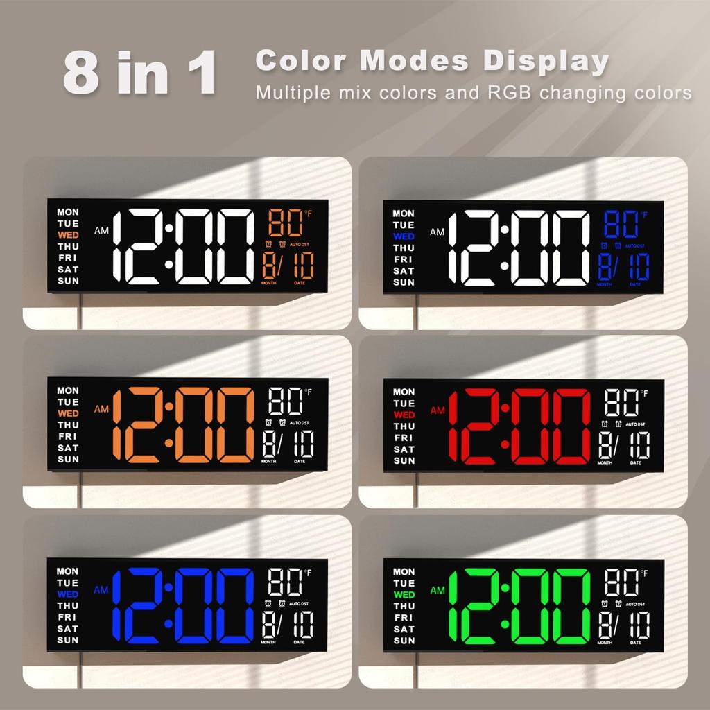 JALL 16" Large Digital Wall Mount Clock, Count Down Timer, Alarm, Big LED, RGB Color, DST, Temperature for Living Room Classroom Desk, Xmas, Birthday