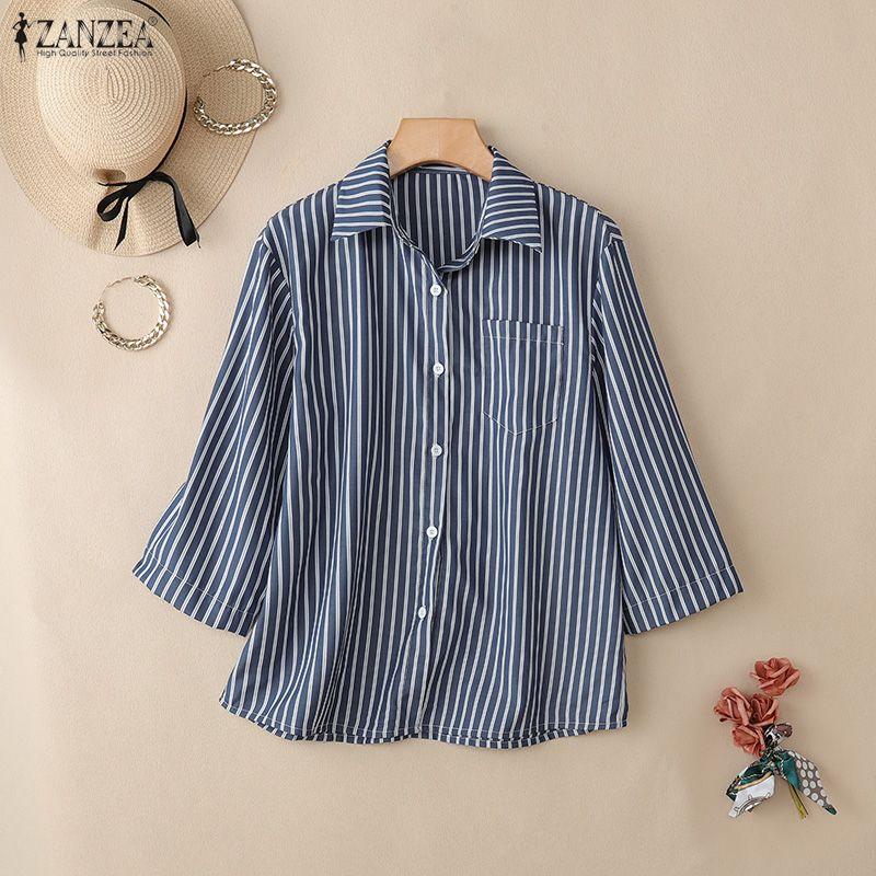 ZANZEA Women Casual Turn Down Collar Stripe Print Loose 3/4 Sleeve Blouse