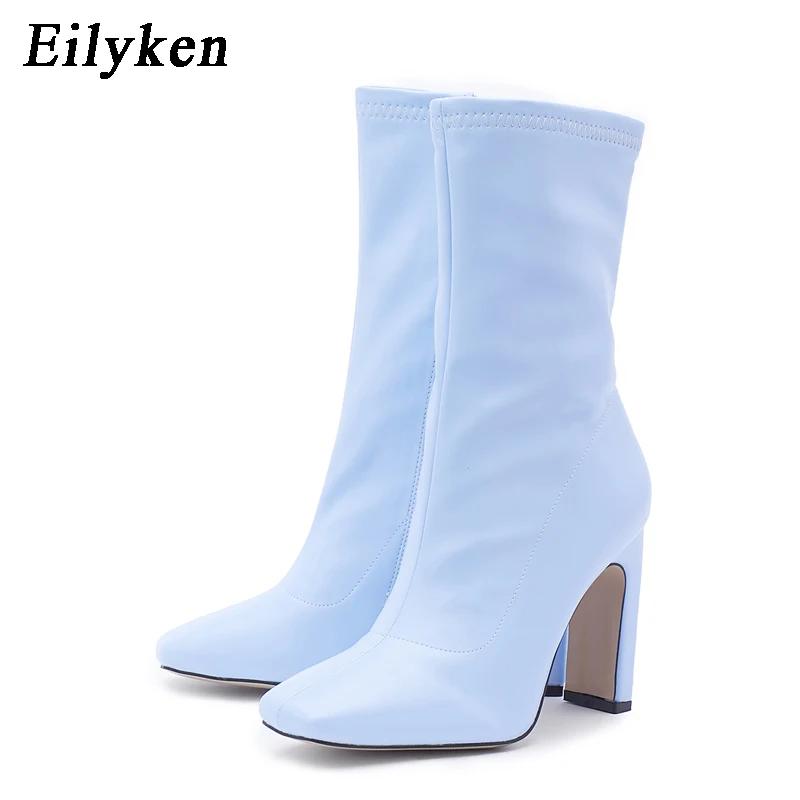 Fashion Eilyken Size 35-42 Women Square Head Ankle Boots Fashion High Heels Autumn Winter Shoes Zipper Office Lady Blue Botas De Mujer