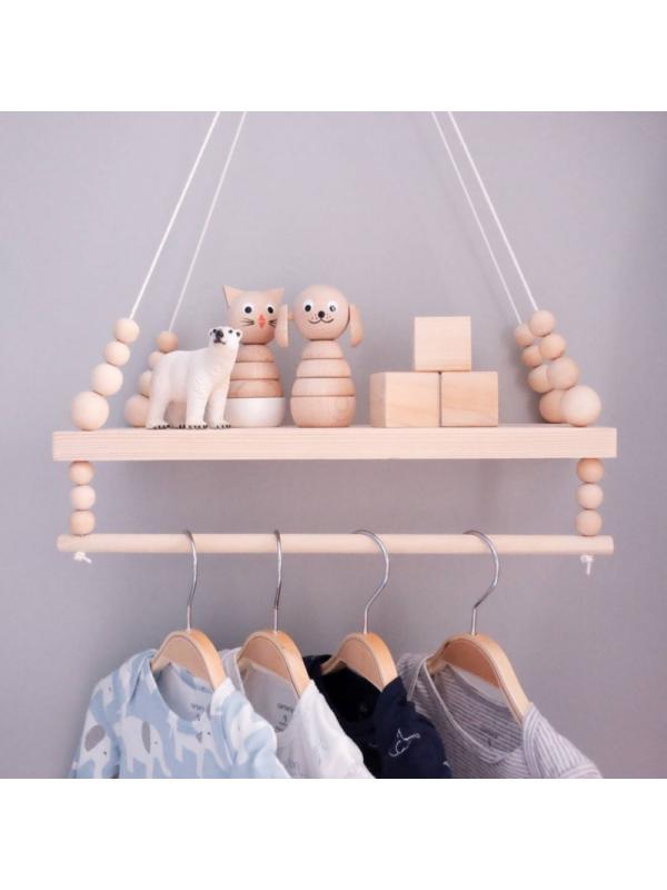 Nástěnná police z dřevěných korálků v severském stylu, úložný regál pro domácí dekoraci