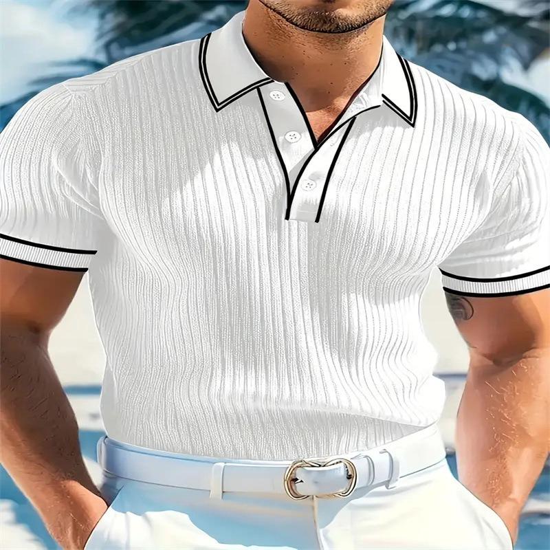 Men's Korean-Style Casual Loose Striped Polo Shirt Solid Color Button Short-Sleeve Pullover Top
